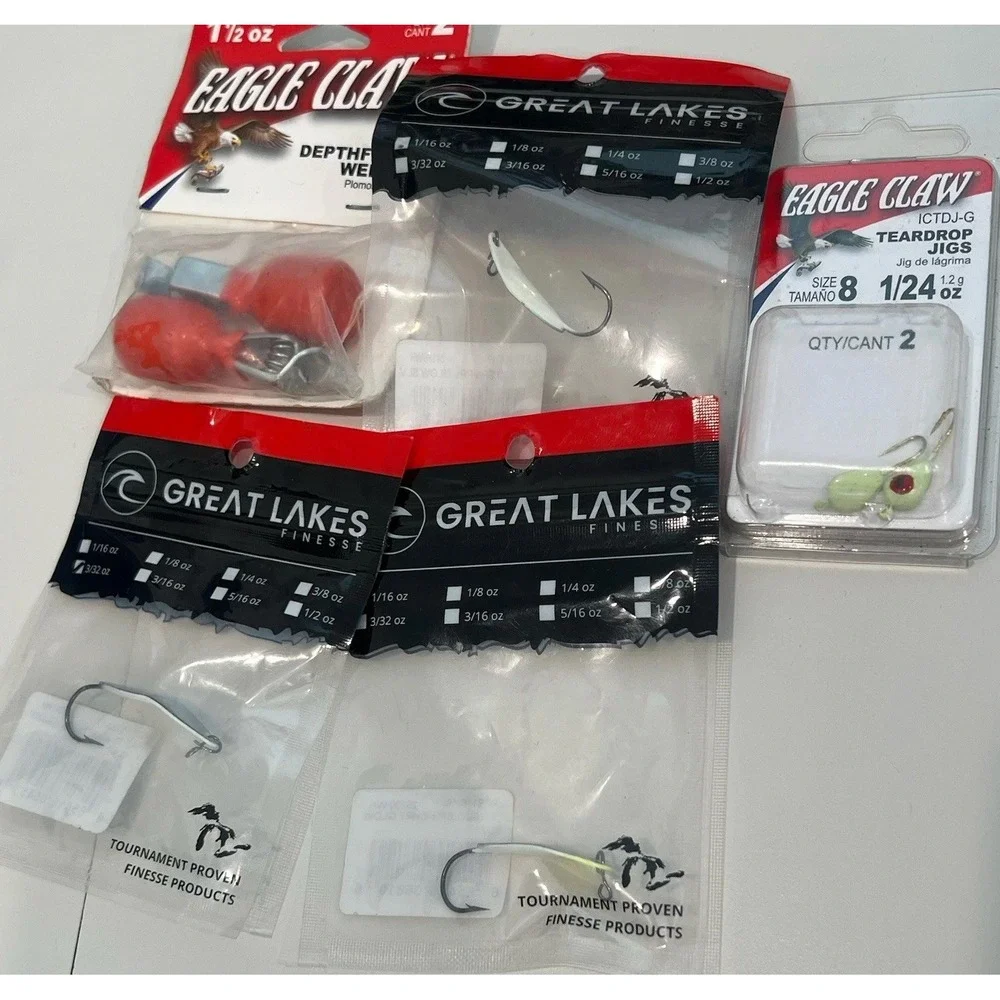 Lot Of 5 Fishing Lures: Great Lakes Finesse Taco Spoons Eagle Claw Jigs Weights